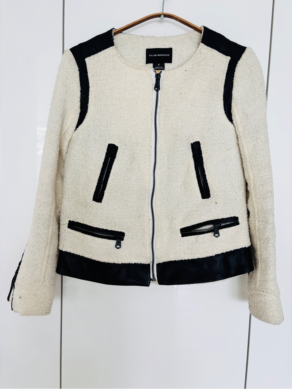 Club Monaco Ivory and Black Trim Zip-Front Tweed Jacket